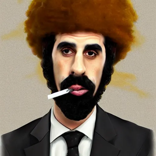 Image similar to Sacha Baron Cohen as borat smoking a giant rolled cannabis cigarette, caricature, smoke, amazing detail, digital art, artstation