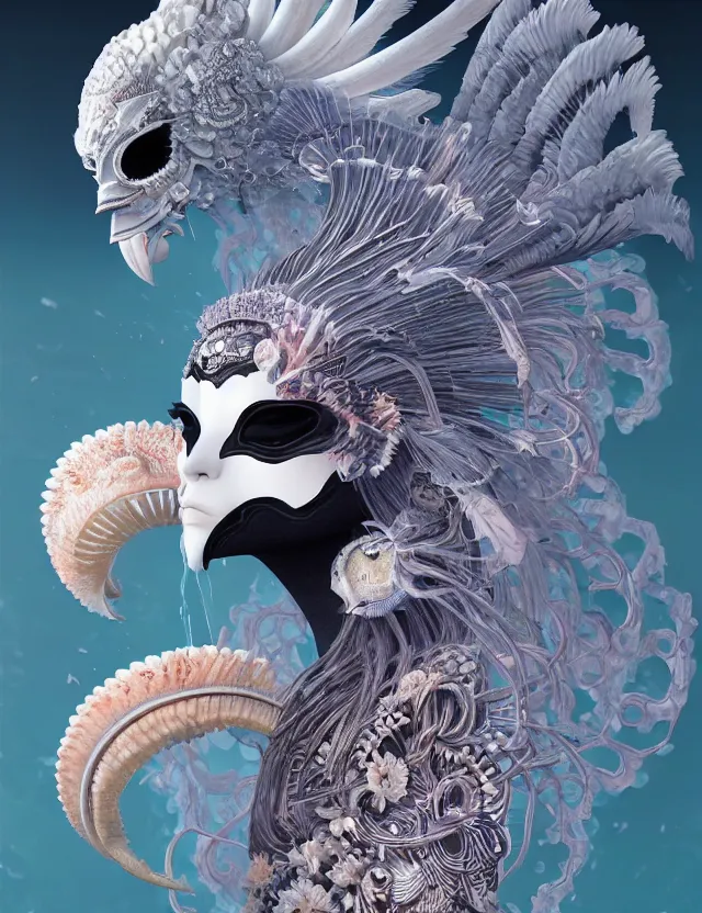 Image similar to 3 d goddess close - up 3 / 4 portrait with ram skull. beautiful intricately detailed japanese crow kitsune mask and clasical japanese kimono. betta fish, jellyfish phoenix, bio luminescent, plasma, ice, water, wind, creature, artwork by tooth wu and wlop and beeple and greg rutkowski