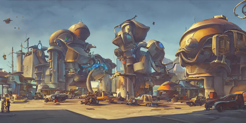 Image similar to overwatch building, stylized, exterior, architecture, in watercolor gouache detailed paintings, insanely detail, artstation, 8 k, futuristic, big medium small, arcane, simon stalenhag, food stall, interesting shapes & form, golden ratio, megastructures, vitaly bulgarov, slums, junkyard