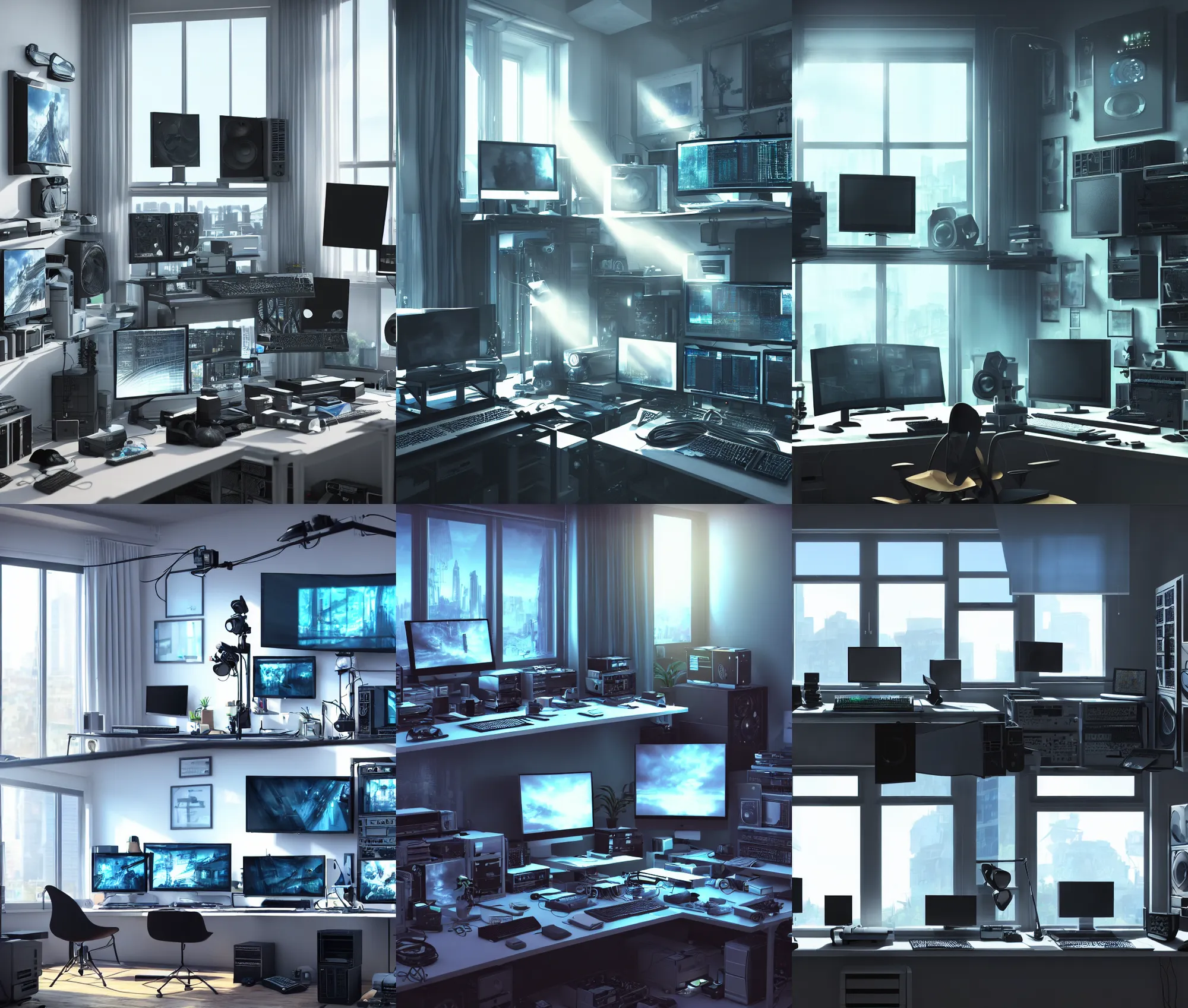 Prompt: detailed artstation scene of a complex computer workstation in a small studio apartment room, many monitors, many electronics, a window view, maximalism, volumetric light, sunny morning light, sun beam, atmospheric haze, fine details, unreal engine, hyperrealism, realistic shading, blender render, photorealistic, wide shot