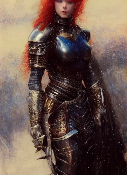 Prompt: young beautiful mischievous blue eyed redheaded woman wearing black medieval armour, detailed, by gaston bussiere, bayard wu, greg rutkowski, giger, maxim verehin, greg rutkowski, masterpiece, sharp focus, cinematic lightning