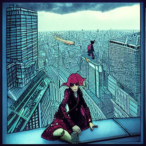 Image similar to “ a girl on a ledge overlooking futuristic new york city, ghostpunk, dark rain clouds, extreme detail, by moebius ”