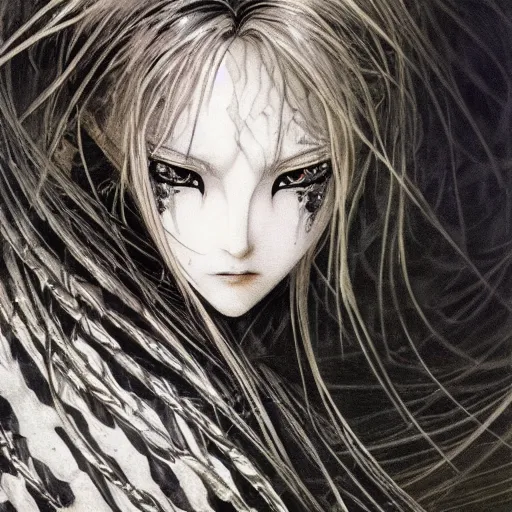 Image similar to Yoshitaka Amano realistic illustration of an anime girl with wavy white hair and cracks on her face wearing Elden ring armour with the cape fluttering in the wind, abstract black and white patterns on the background, noisy film grain effect, highly detailed, Renaissance oil painting, weird portrait angle