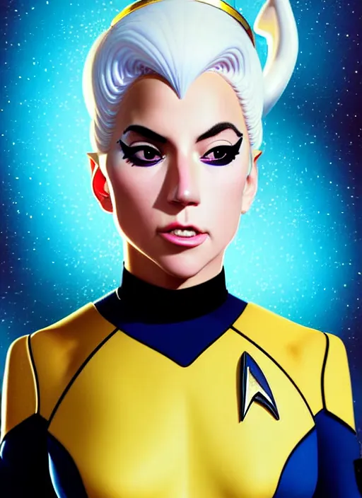 Prompt: cute star trek officer lady gaga, natural lighting, path traced, highly detailed, high quality, digital painting, by don bluth and ross tran and studio ghibli and alphonse mucha, artgerm