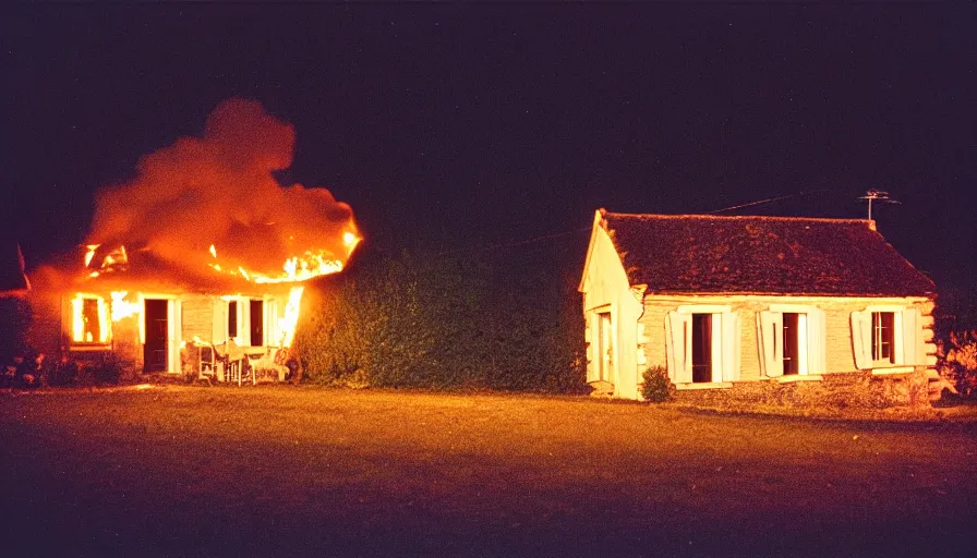 Image similar to 1 9 7 0 s movie still of a burning french style little house in a small northern french village by night in autumn, cinestill 8 0 0 t 3 5 mm, heavy grain, high quality, high detail, dramatic light, anamorphic, flares