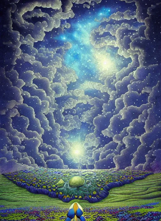 Image similar to detailed, intricate blue black and purple papaverum flower on the field, nebula, galaxy in the sky, winning award masterpiece, fantastically beautiful, illustration, aestheticly inspired, jacek yerka, upscale with anguissola sofonisba work, artstation, 8 k