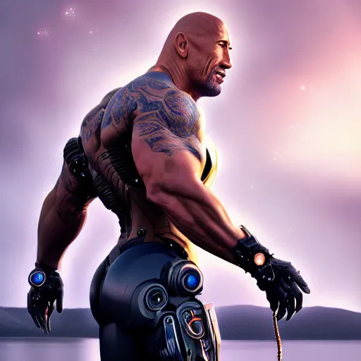 Image similar to dwayne johnson as a beautiful cyborg - angel girl standing on a lake, rainfall, biomechanical details, digital cyberpunk anime art, full body shot, reflections, lens flare, promotional poster, cinematic lighting, wlop, ilya kuvshinov, artgerm, krenz cushart, greg rutkowski