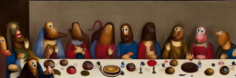 Prompt: the last supper on sesame street. art by hieronymus bosch, happy