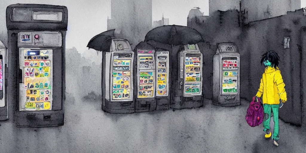 Image similar to a dusty deserted city, a girl with a parka and a yellow umbrella, broken vending machines, ultrawide, simple watercolor in the style of Ghost in the Shell