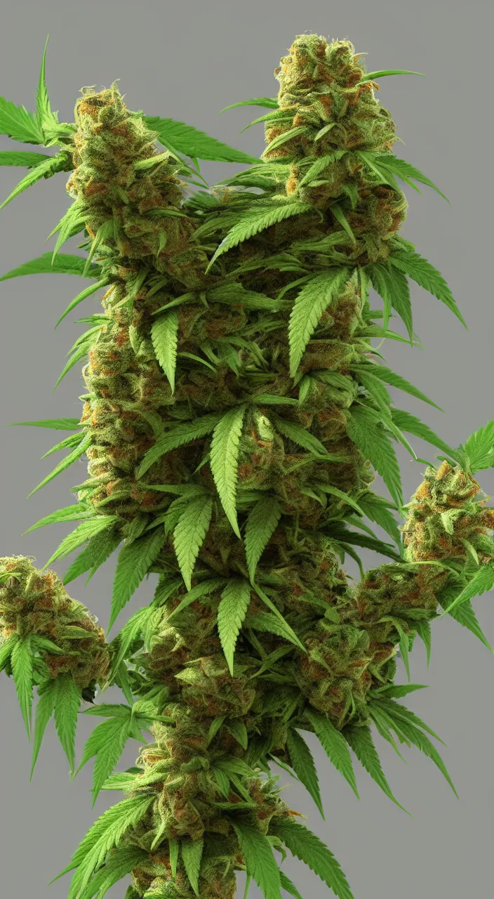 Prompt: very funny cannabis character made from a bud similar to iamgrout, rendering in 8k, photorealistic, with high detail, rendering with octane illumination + ray tracing, very clear, ultra-precise, focused, realistic