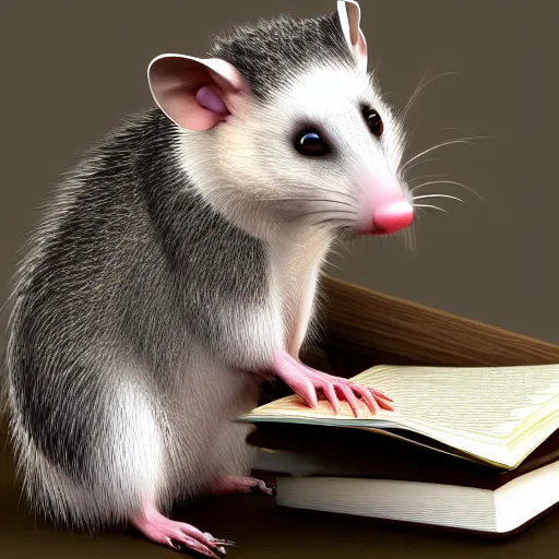 Image similar to HD photo of an opossum lawyer. opossum barrister. opossum legal professional. HD photorealistic digital render.