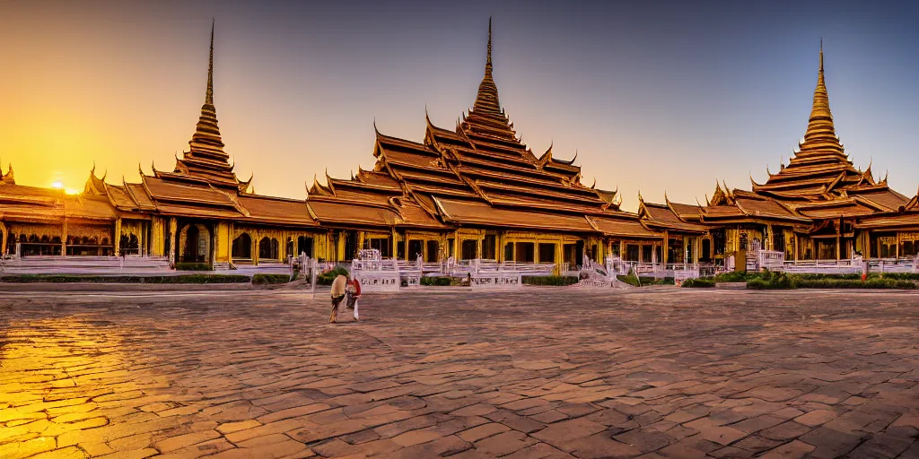 Prompt: beautiful!!!! environmental! shot photograph of the mandalay palace in the golden hour, Ultra-wide Angle, DSLR, cinematic lighting, 4k, award-winning