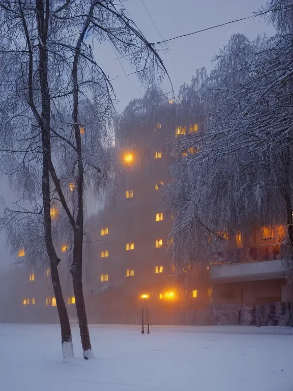 Image similar to award - winning photo of low soviet residential building in russian suburbs, lights are on in the windows, deep night, post - soviet courtyard, cozy atmosphere, winter, heavy snow, light fog, streetlamps with orange light, volumetric light, several birches nearby, elderly people stand at the entrance to the building