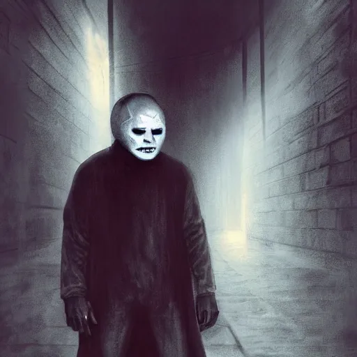 Image similar to michael meyers in a dark alley, artstation hall of fame gallery, editors choice, #1 digital painting of all time, most beautiful image ever created, emotionally evocative, greatest art ever made, lifetime achievement magnum opus masterpiece, the most amazing breathtaking image with the deepest message ever painted, a thing of beauty beyond imagination or words