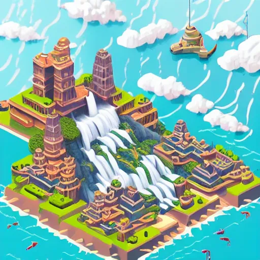 Image similar to isometric fantasy art of a giant waterfall city with tall skybridges and turrets, bold colors, detailed