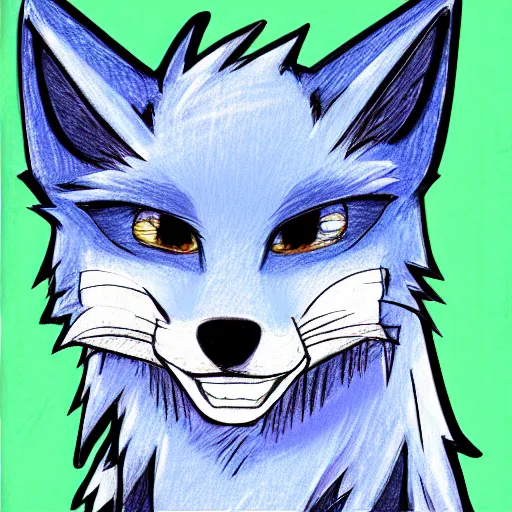 Image similar to high quality anime style colored pencil sketch portrait of an anthro furry fursona blue fox wearing a hoodie, handsome eyes, sketch doodles surrounding it, notebook sketch