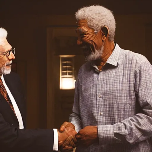 Prompt: photograph of Gordon Freeman shaking hands with Morgan Freeman in a dimly lit bedroom, 8k, highly intricate, highly detailed,