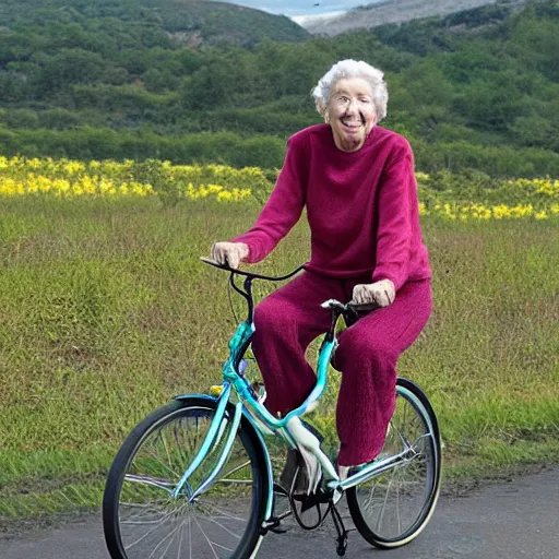 Image similar to a cute gentle elderly woman riding a bike through a field of lava and tentacles, realistic photo