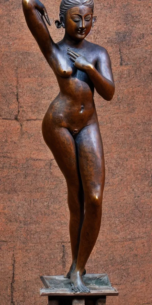 Image similar to detailed photo of old bronze patina statue of most beautiful woman, full body portrait, various bending poses, a temple in the background, photorealism, intricate detail, museum diffuse lighting