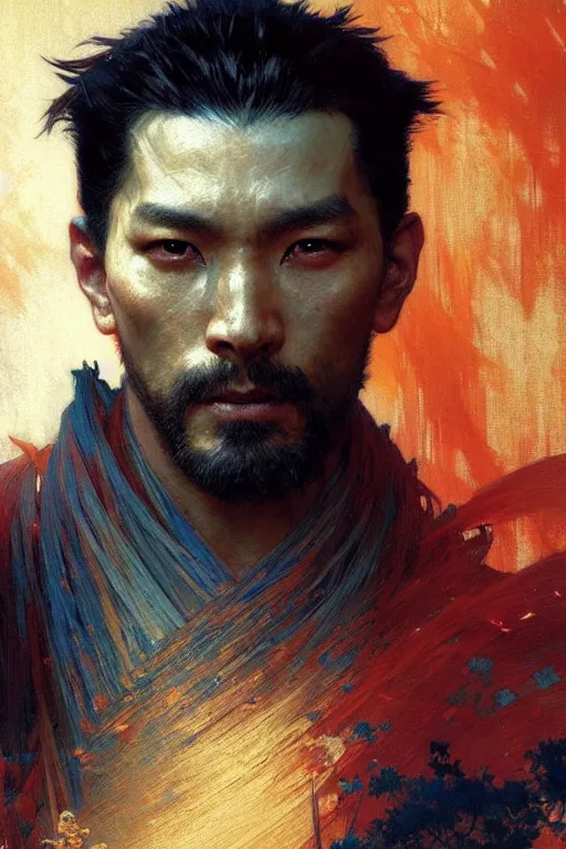Prompt: attractive man, ghost of tsushima, cool colors, painting by gaston bussiere, craig mullins, greg rutkowski, alphonse mucha