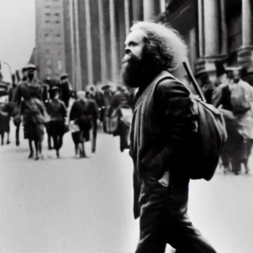 Prompt: a photograph of Karl Marx walking down wall street in New York