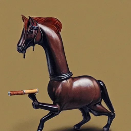 Image similar to an antropomorphic horse wearing a suit smoking a cigar