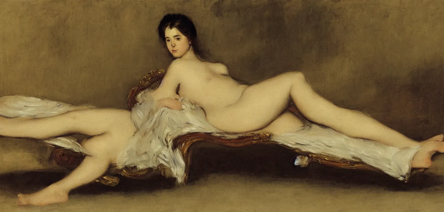Image similar to an intimate painting of a young french woman on a chaise lounge by gustave courbet & francisco goya, oil painting, intimate, beautiful, calm serene, soft edges