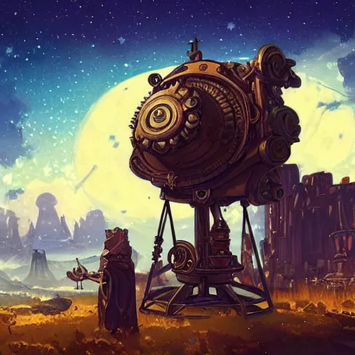 Image similar to steampunk telescope looking at the starry sky, hearthstone coloring style, by greg rutkowski, epic fantasy style art, fantasy epic digital art