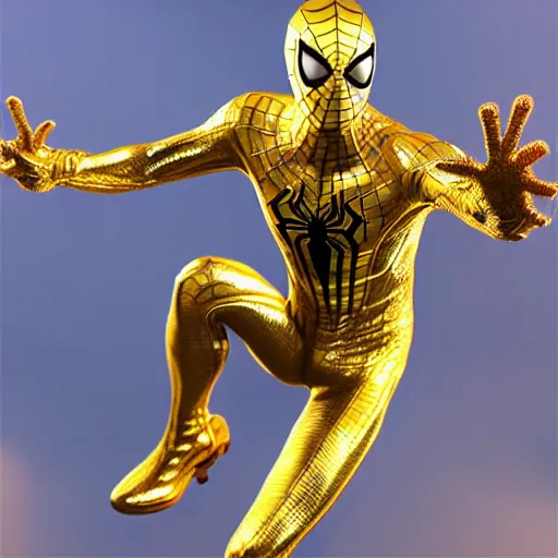 Image similar to gold spider - man suit with black web lining, cinematic, volumetric lighting, realistic, hyperdetailed, photorealistic, photograph