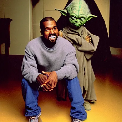 Image similar to kanye west smiling and holding yoda yoda for a 1 9 9 0 s sitcom tv show, studio photograph, portrait