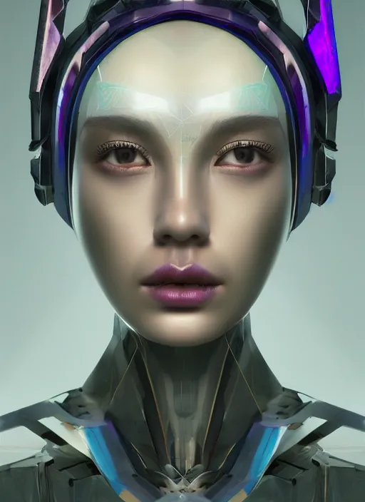 Image similar to beautiful portrait of an alien cyborg, style of Feng Zhu, Artstation geometric, aesthetic, smooth skin, unique features, symmetrical, intricate crown, high fashion, streetwear, cyberpunk, detailed, octane render, cinematic, 8k, purple skin,