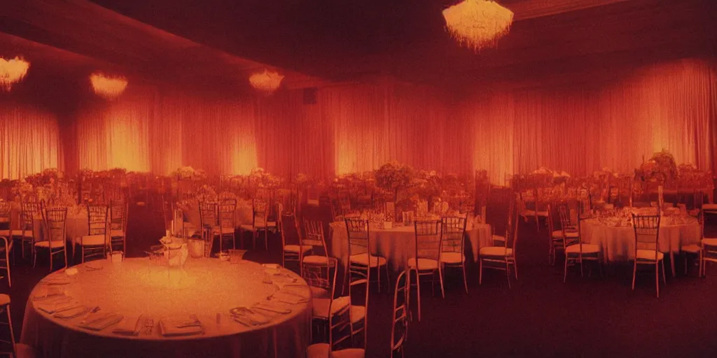 Prompt: a phantom hovers inside of a banquet hall. dramatic soft color lighting ( 1 9 8 4 ).