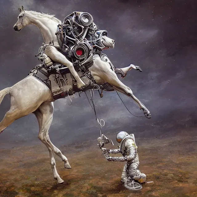 Prompt: horse sitting on the astronaut's back, while he crawling on knees, industrial sci - fi, by mandy jurgens, ernst haeckel, james jean