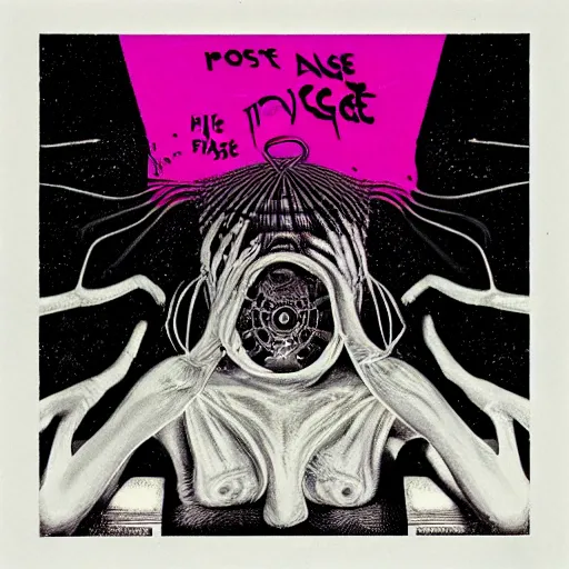 Prompt: post - punk new age album cover, magic, apocalypse, psychedelic, black white pink, magic, giger h. r.