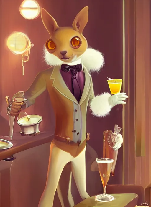 Image similar to squirrel anthro as a dapper bartender with a big fluffy tail, retro futurism, art deco, detailed painterly digital art by WLOP and Cory Loftis, 🐿🍸🍋, furaffinity, trending on artstation