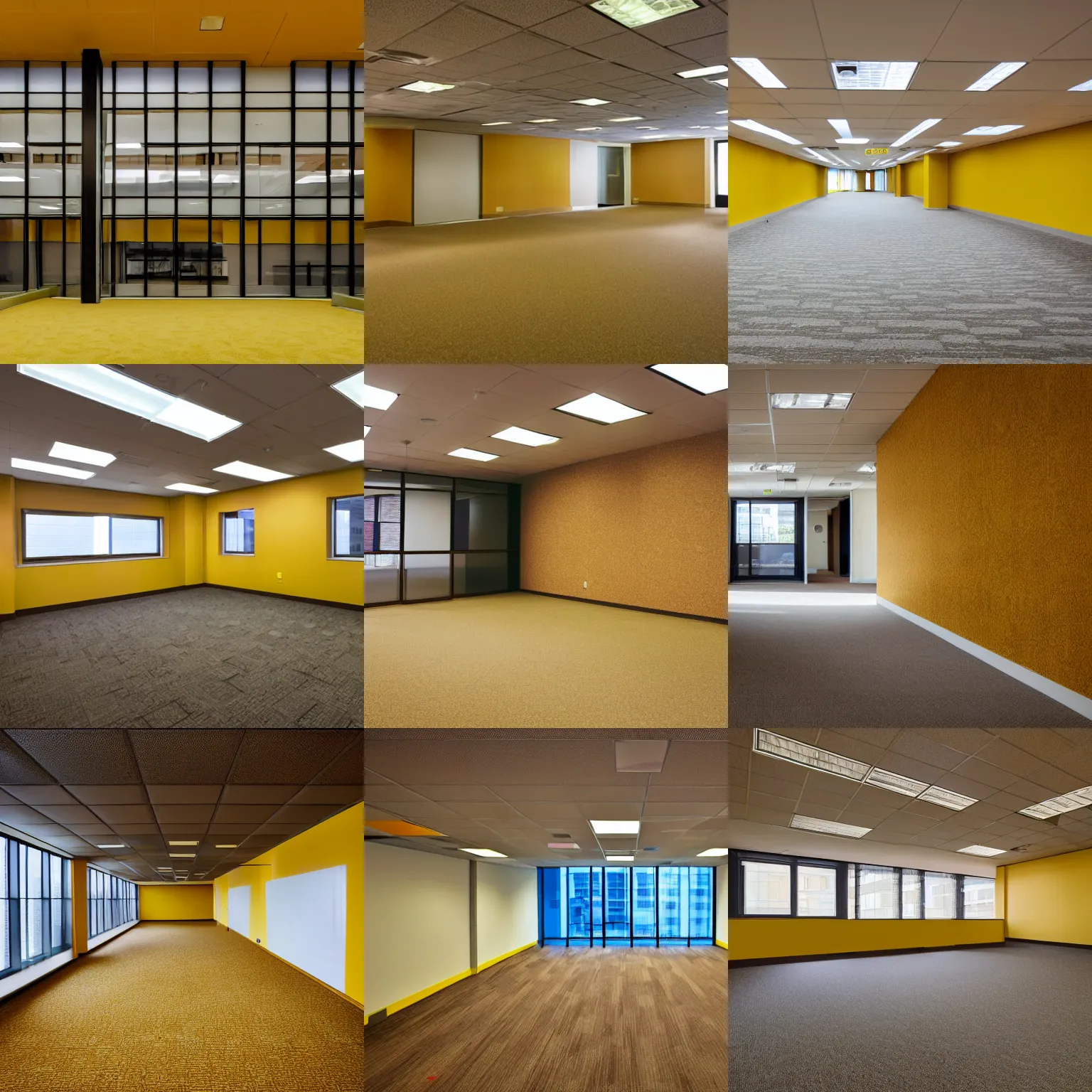 Prompt: empty 9 0 s office building with no windows doors or furniture. the building has brown carpet and yellow wallpaper