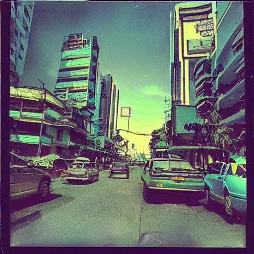 Image similar to a polaroid photo of cyberpunk guatemala city with cyberpunk aesthetic