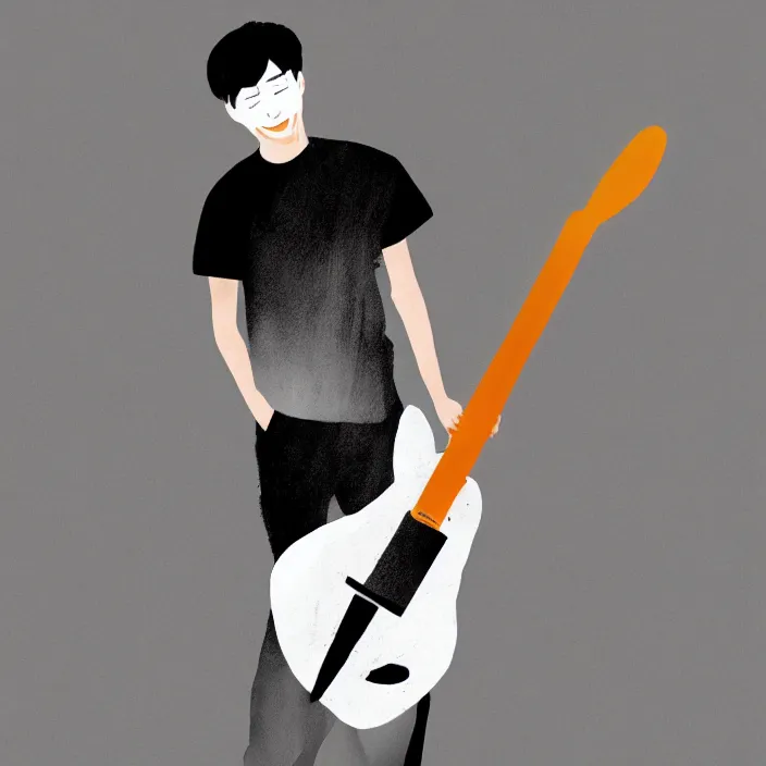 Prompt: minimal painting of a young korean man wearing black t shirt holding an electric guitar!!, dark background, huge brush strokes, dramatic smoke everywhere, matte colors, dramatic brush strokes, abstract, trending on artstation