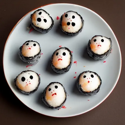 Image similar to photo of onigiri with cute faces, high detail, funny, 8k,