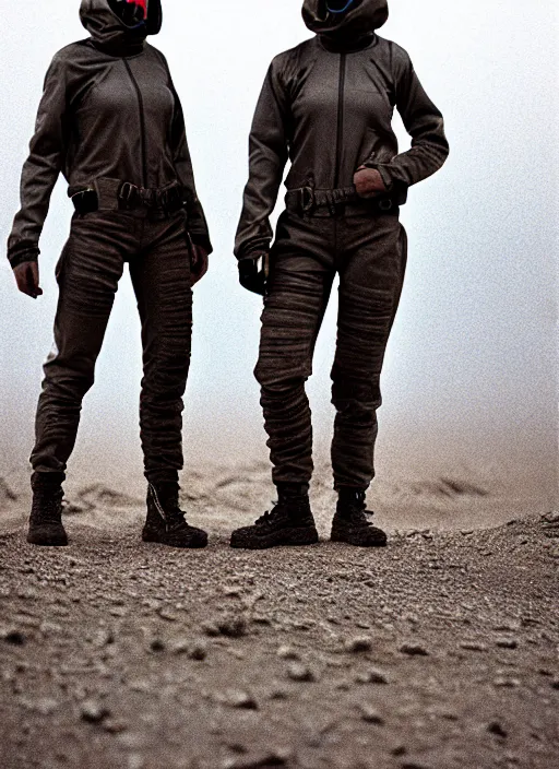 Prompt: cinestill 5 0 d photographic portrait of two loving clones, techwear women on a desolate plain, a brutalist dark metal facility in the background, sandstorm, depth of field, 4 k, 8 k, hd, full color