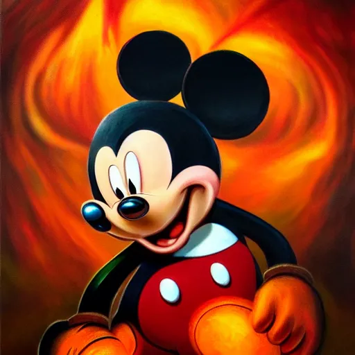 Prompt: mickey mouse in hell, oil painting, trending on artstation, renaissance, highly detailed, dynamic pose, gloomy