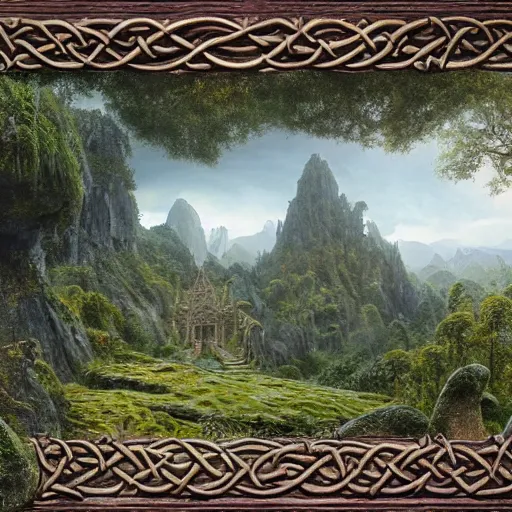 Prompt: a beautiful and highly detailed matte painting of an elven temple in a magical fantasy garden in a lush forest in the mystical mountains, wooden celtic knots, carved stone runes, intricate details, epic scale, insanely complex, 8 k, sharp focus, hyperrealism, very realistic, by caspar friedrich, albert bierstadt, james gurney, brian froud,