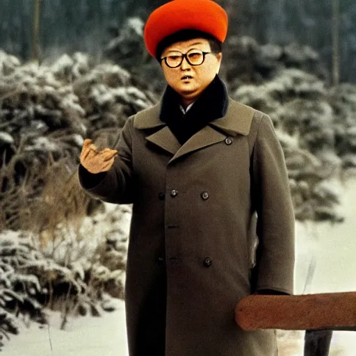 Image similar to filmstill of Kim Jong-il wearing a chapka in the role of Doctor Zhivago by David Lean, 1965, cinemascope, Eastman Color Negative 50T 5251 Neg. Film, epic romance