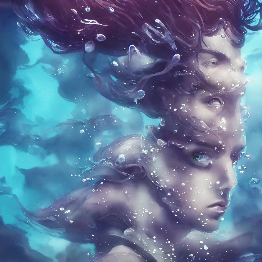 Prompt: beautiful watercolor painting of prince underwater, intricate, elegant, highly detailed, digital painting, artstation, concept art, smooth, sharp focus,, dynamic lighting, ultrarealistic, cinematic, octane render, 8 k