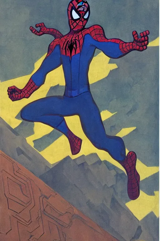 Prompt: spiderman, marvel, artwork by nicholas roerich