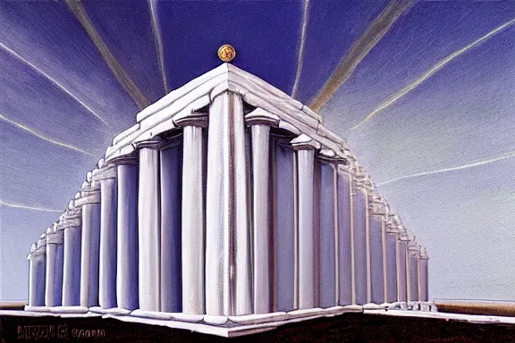 Prompt: the temple of truth is white, whole, holy and beautiful, but is surrounded by a crater of ruin and desolation. it's spire reaches up to the heavens and is topped with a gold statue. | painting by rob gonsalves. stark contrast. landscape painting. trending on artststion. matte painting