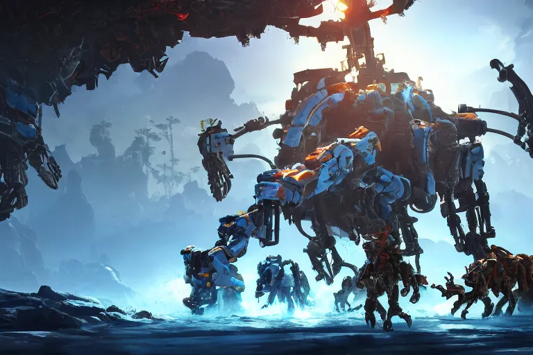 Image similar to scorcher machine mecha animal beast robot of horizon forbidden west horizon zero dawn bioluminiscence global illumination ray tracing hdr fanart arstation by sung choi and eric pfeiffer and gabriel garza and casper konefal