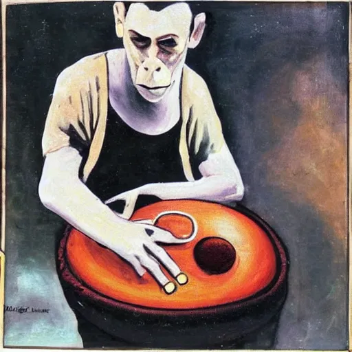 Prompt: monkey playing a handpan in a jazz club