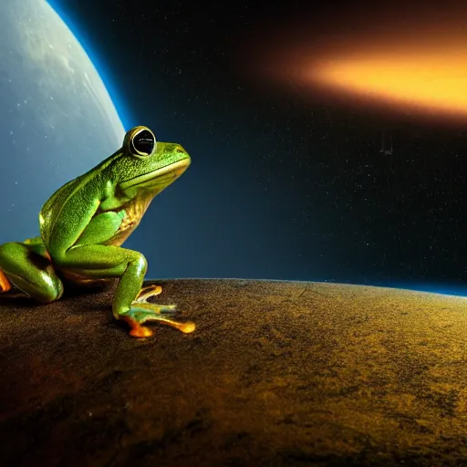 Prompt: a frog warrior lifting the entire planet, concept, art, octane render, cinematic rendering, dramatic lightning, 8 k, space colors