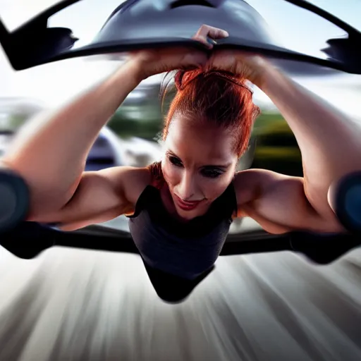 Prompt: car, bodybuilder, woman, holding, road, photo, digital art, hands, underbody, tire